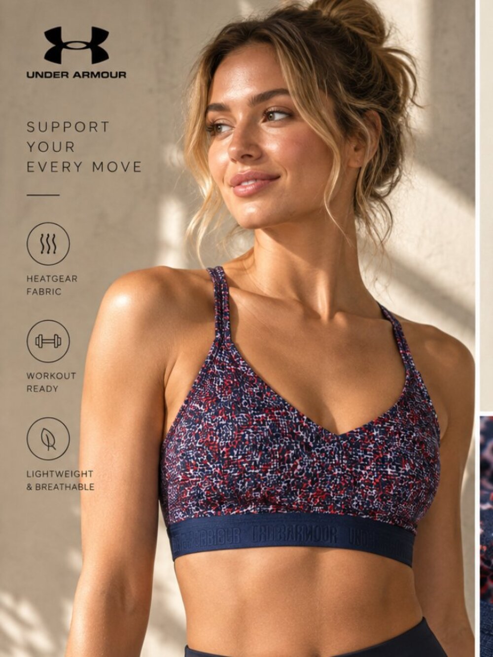 Under Armour HeatGear Strappy Sports Bra Navy Red Print – Size Small